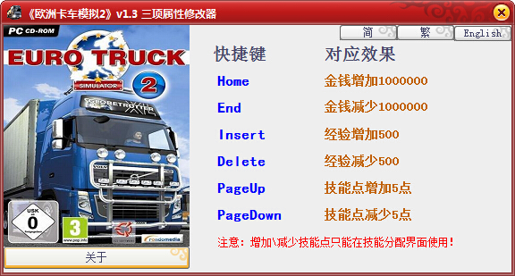 欧无洲卡车模拟2三项属性修改器下载v1.3 绿色版